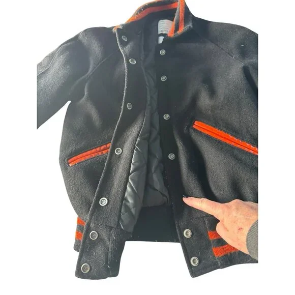 Vintage 90s DeLong Woman's Sz 36 (S) Varsity Bomber Jacket Black Orange Wool USA